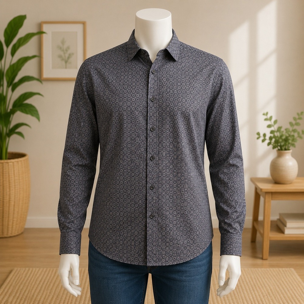 Age of Wisdom Button Down Shirt‎ Mens Large Grey Blue Geometric Floral Cotton LS